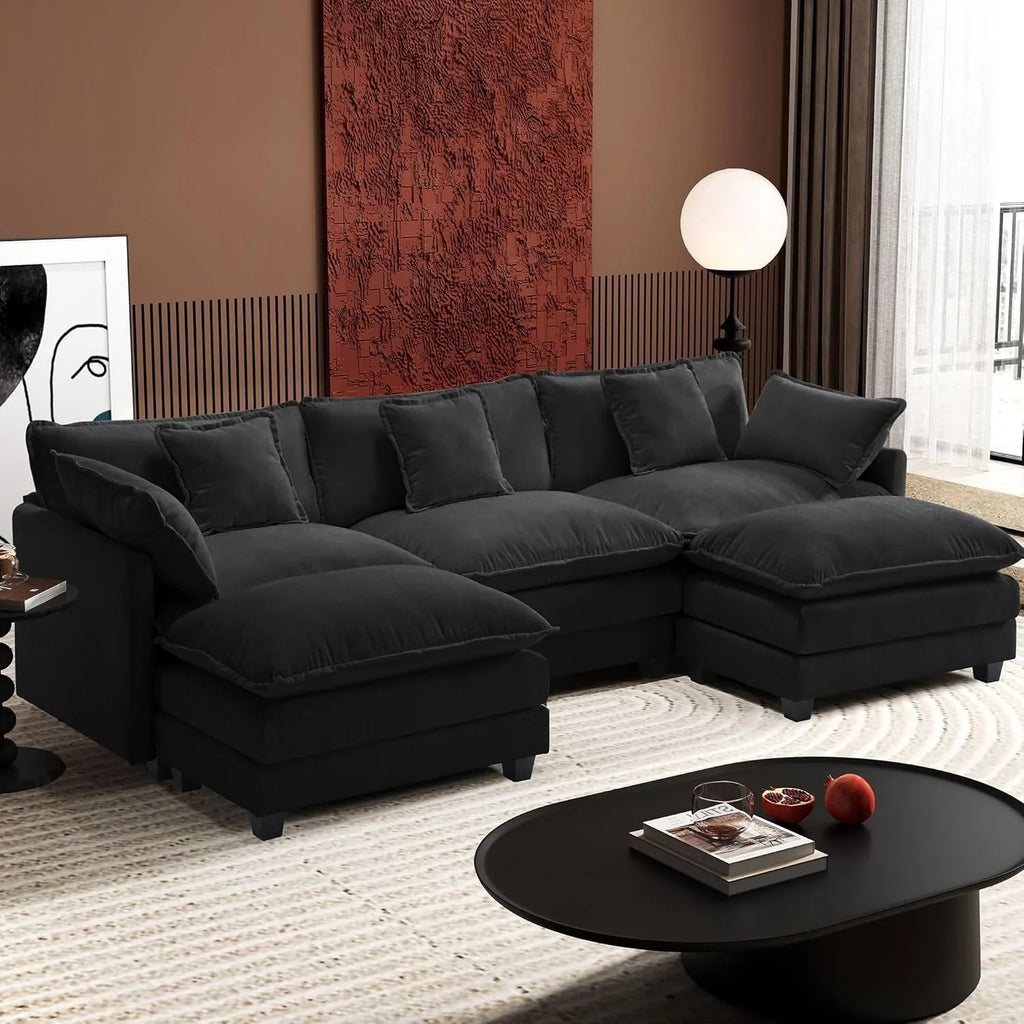 Ihanherry 146" U-Shaped Modern Sofa Modular Sectional Cloud Couch with 2 Ottoman, 6-Seat Chenille Deep Seat Sofa with 6 Pillows for Living Room, Bedroom and Apartment, Grey