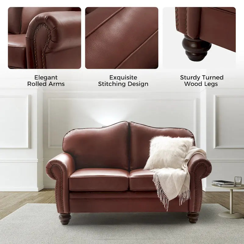 Leather Loveseat Sofa with Rolled Arms and Nailhead Trim