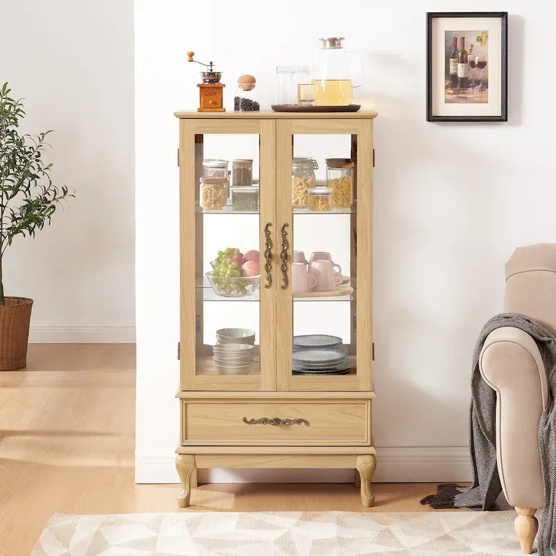 Illuminated Glass Curio Display Cabinet with Adjustable Shelves, Double Doors, and Drawer - Glass Wine Storage Solution