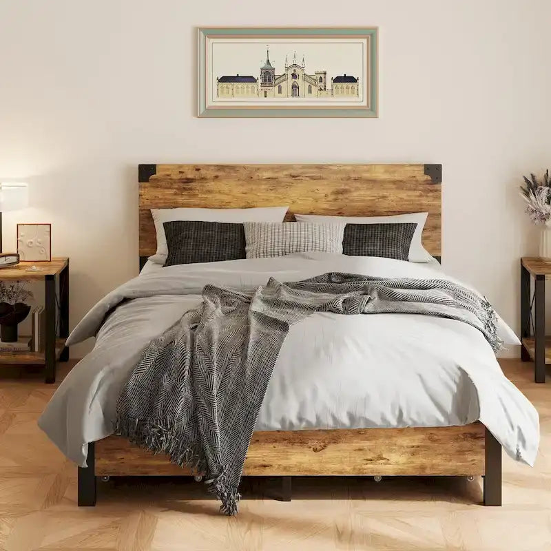 Metal Bed Frame with Wooden Headboard and 4 Storage Drawers