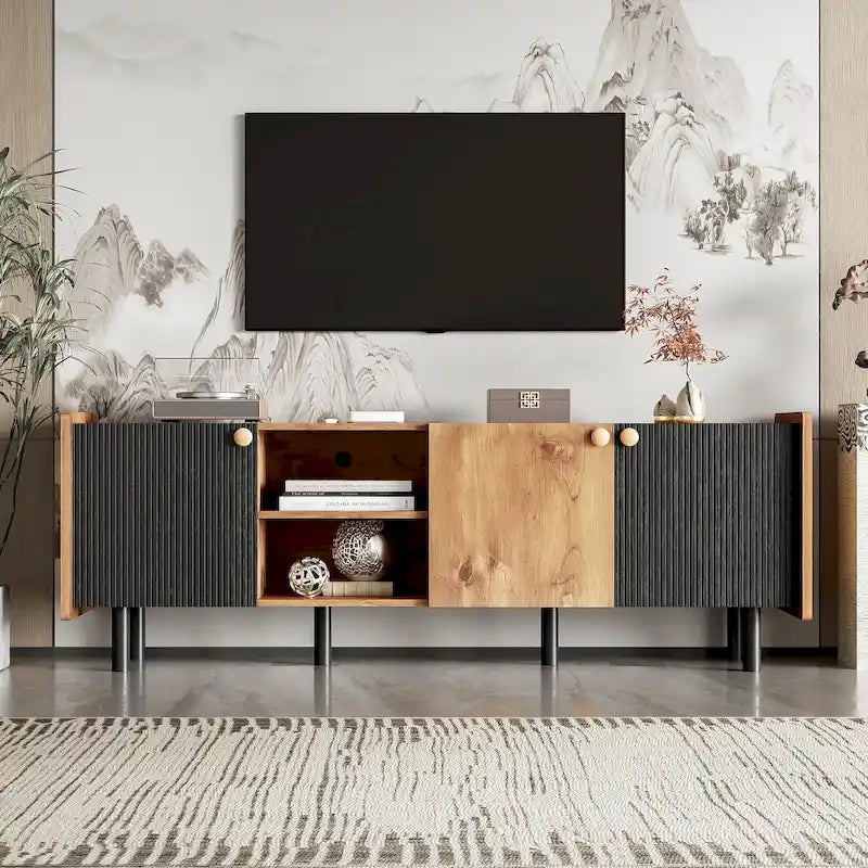Mid-Century Modern TV Stand with 3 Cabinets - Media Console for TVs up to 70 inches, Stylish Entertainment Center with Storage for Living Room