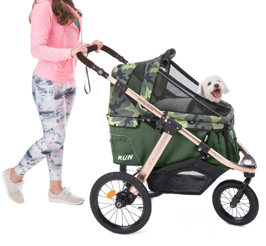 Jogging Sports Stroller with Comfort Rubber Wheels/Zipper-Less Entry/1-Hand Quick Fold/Aluminum Frame for Small/Medium Dogs Cats and Pets (Green Camo)