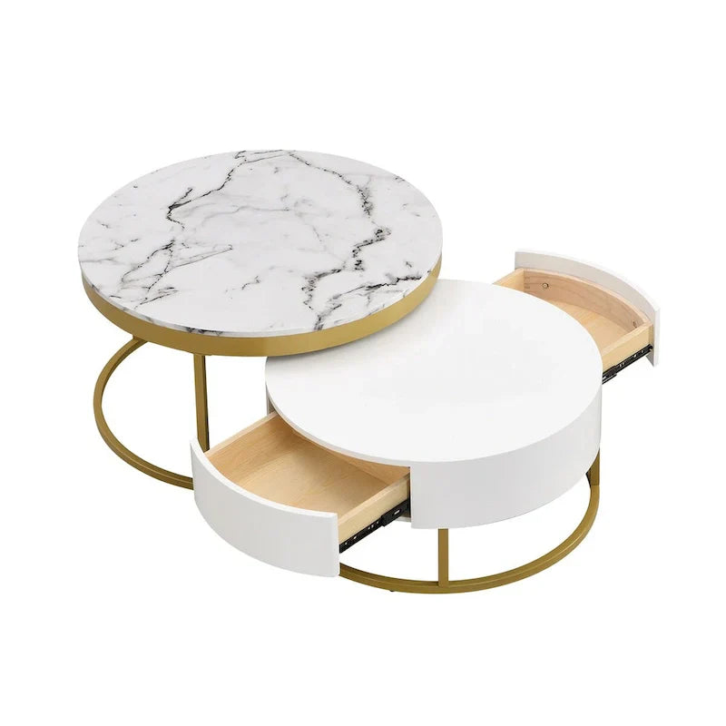 GEITIN Contemporary Round Nesting Coffee Table with Storage Drawers