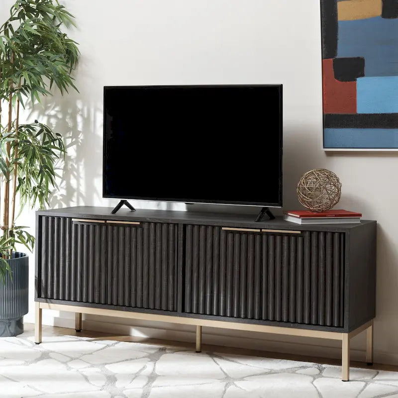 Mid Century TV Stand with Tambour Doors and Storage Drawers