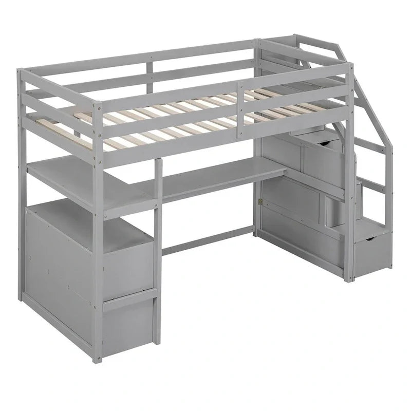Merax Loft Bed with Integrated Desk and Storage Shelves