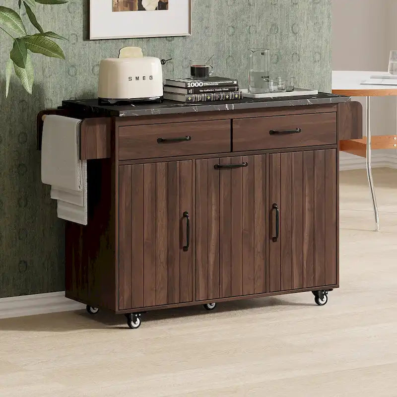 Kitchen Island with Built-In Trash Can Storage and Drop Leaf Cart