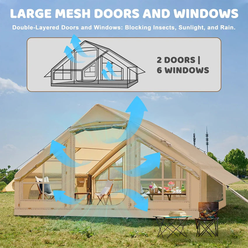 6 Person Inflatable Camping Tent with Pump, 10ft x7ft Glamping Family Tent Easy Setup 4 Season Waterproof Windproof Outdoor Blow Up Tent Luxury Oxford Cabin with Mesh Windows & Doors  sgtnighsdesigns