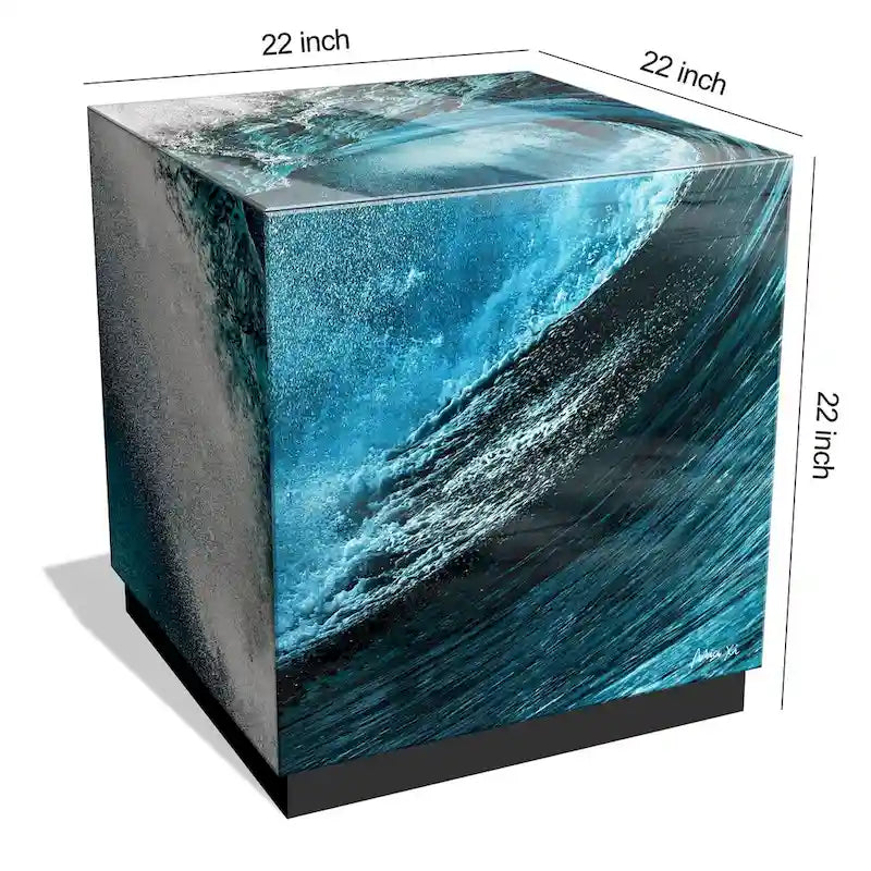 Sapphire Sea Beveled Art Glass Cocktail Table with Black Plinth Base - Reverse Printed Design