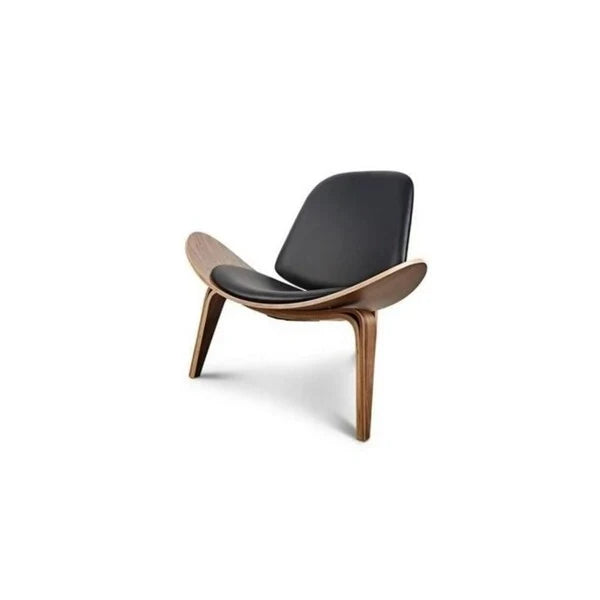 Mid-Century Modern Black Upholstered Shell Lounge Chair with Wooden Frame