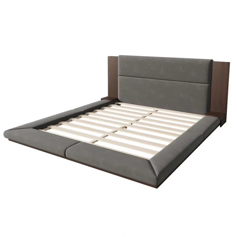 King Gray Upholstered Low Profile Platform Bed with Extended Wood Headboard and Integrated Nightstand Shelves