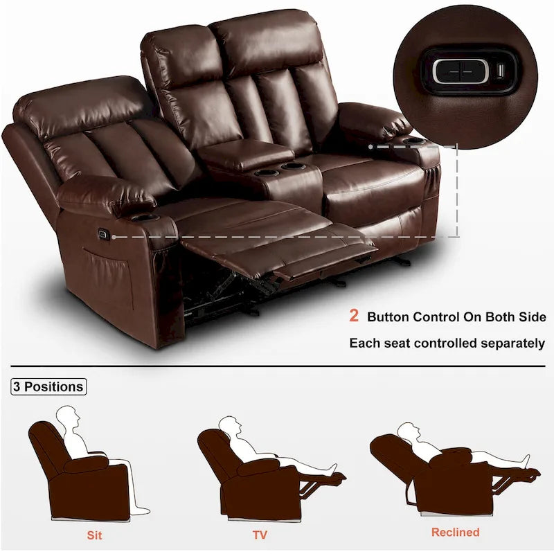 MCombo Faux Leather Electric Reclining Sofa with Heat and Massage - Models 6095/6075/6077