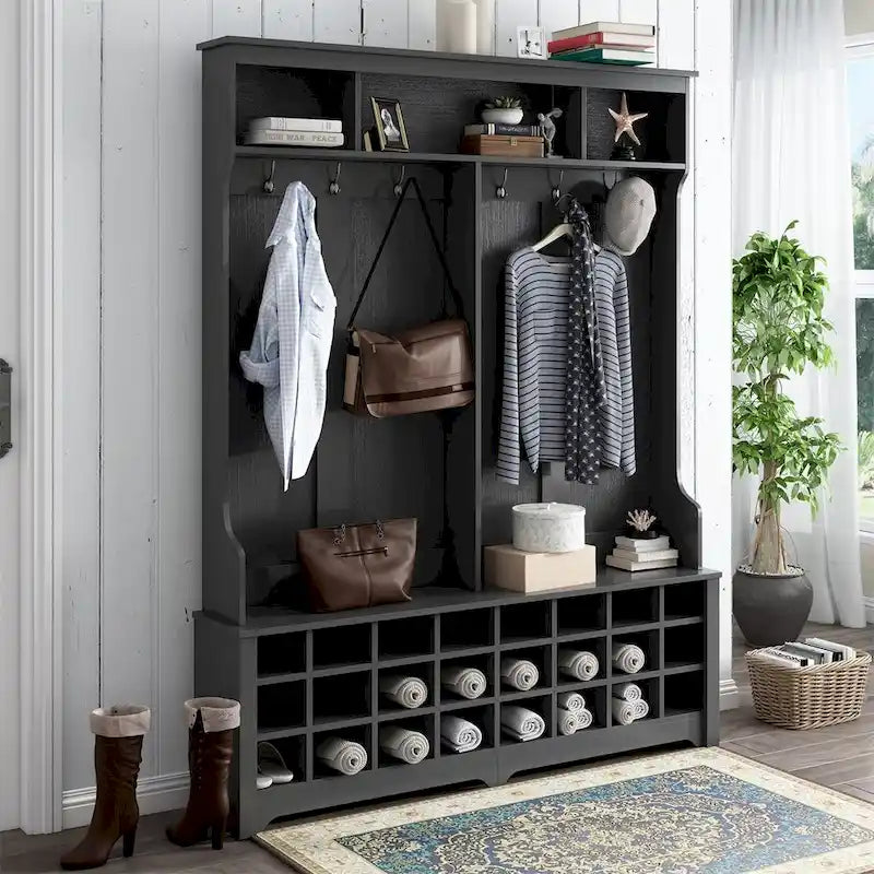 Merax Versatile Hall Tree with Hooks, Shelves, and 24 Shoe Storage Cubbies