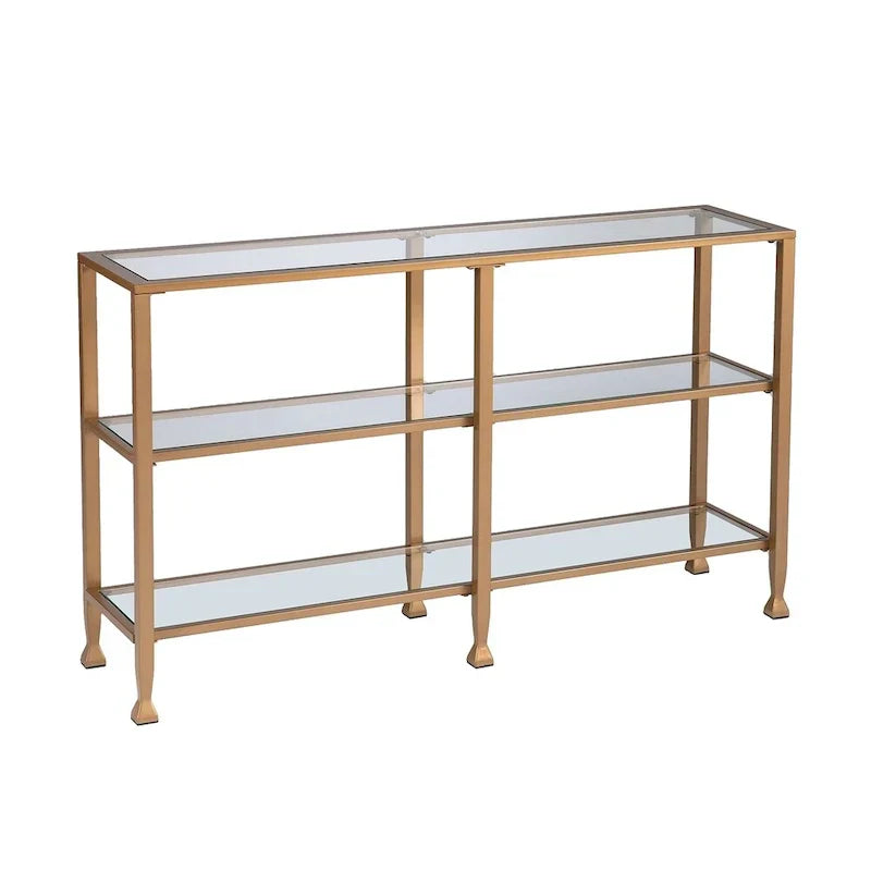 Jensen Gold Metal Console Table with Glass Shelves by SEI Furniture - Narrow Design