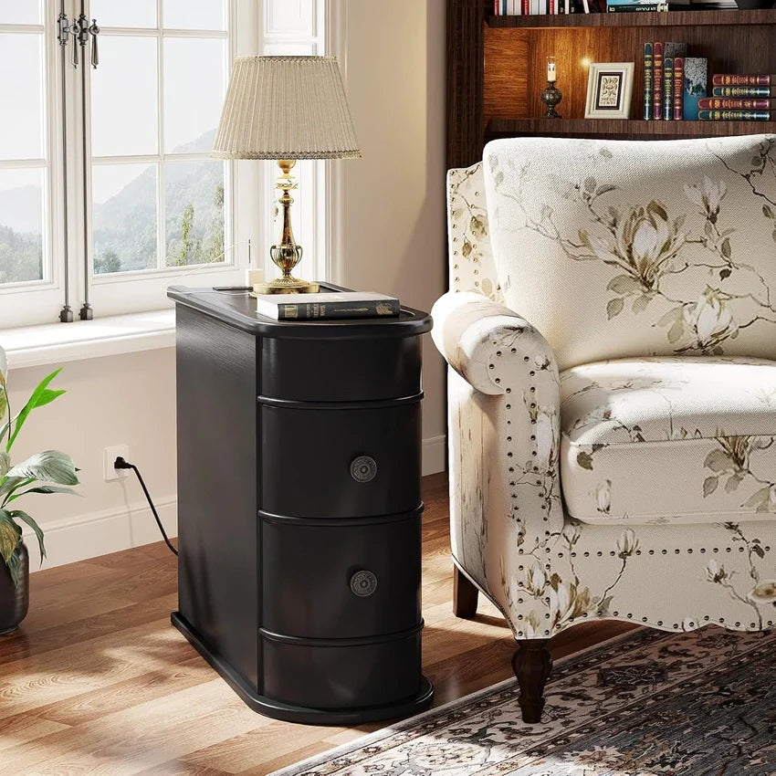Solid Wood Chairside End Table, Two-Drawer Narrow Side Table Slim