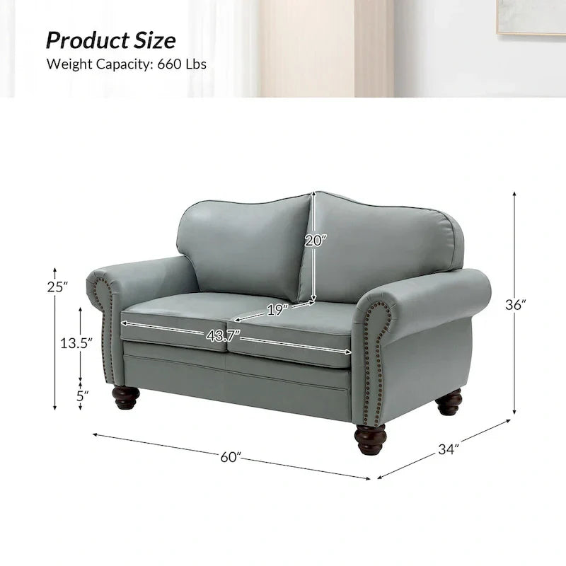 Leather Loveseat Sofa with Rolled Arms and Nailhead Trim