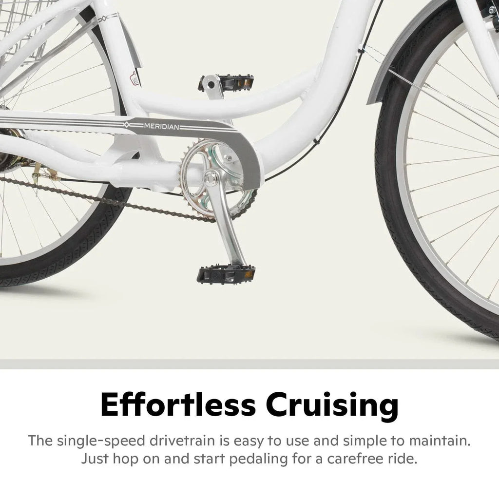 2025 Schwinn Meridian Adult Tricycle Bike Mens and Womens Three Wheel Beach Cruiser 26-inch Wheels Low Step-Through Frame Wide Seat Rear Folding Basket Sin
