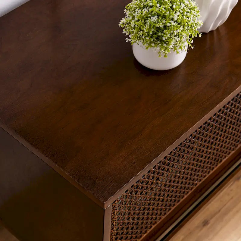 Mid Century TV Stand with Rattan Sliding Doors and Open Shelves
