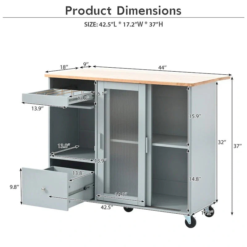 Kitchen Island with Drop Leaf Sliding Glass Doors and Storage on Wheels