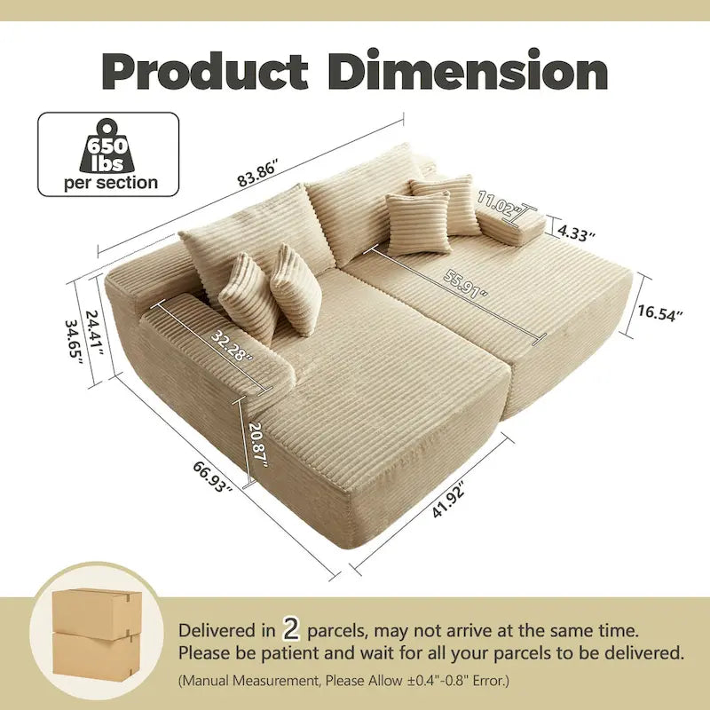 HOOOWOOO Modular Plush Corduroy Sectional Sofa with Cushions