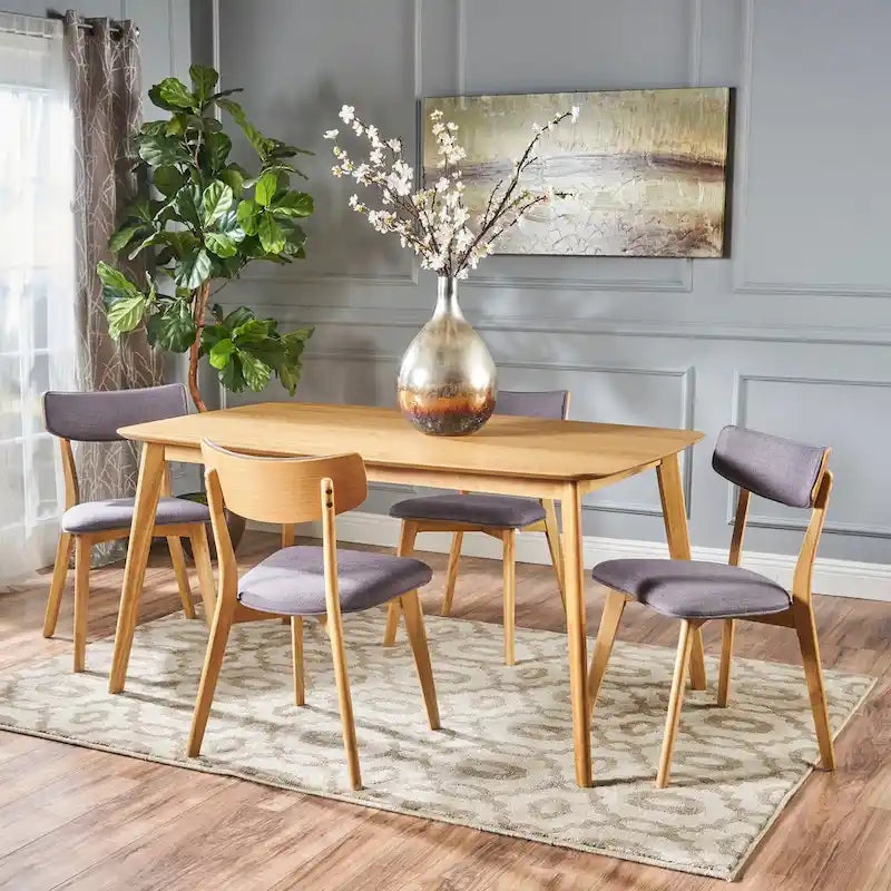 Mid Century Dining Table Set with 4 Upholstered Chairs and Wooden Frame