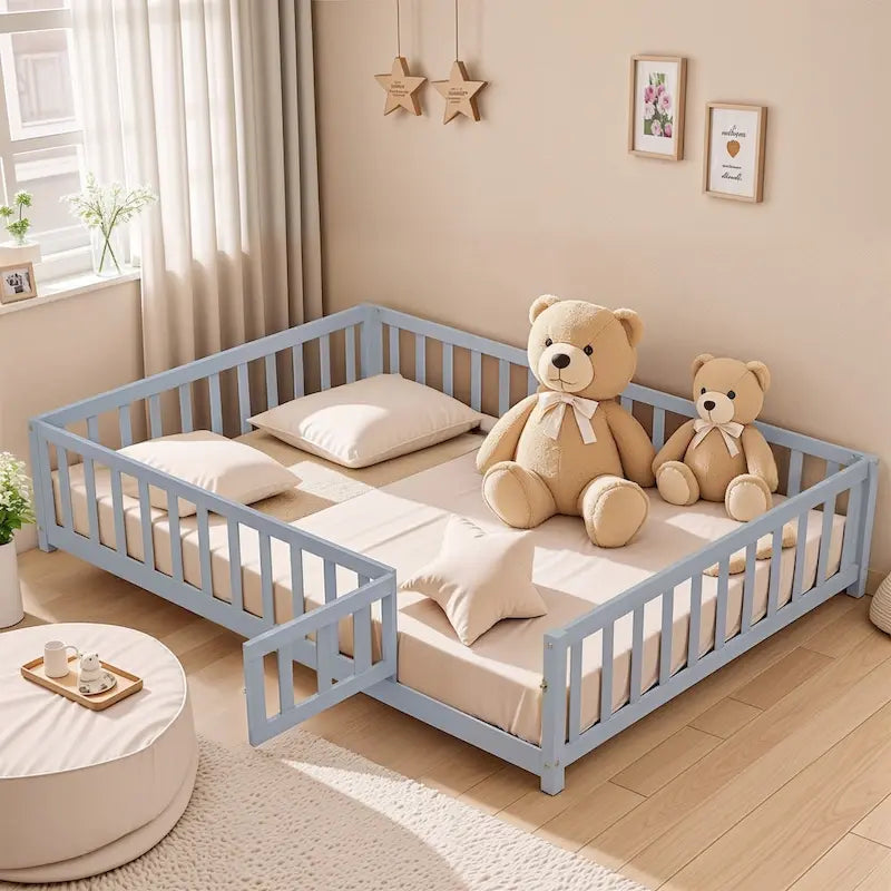 Kids' Full-Size Wooden Floor Bed with Fence and Door