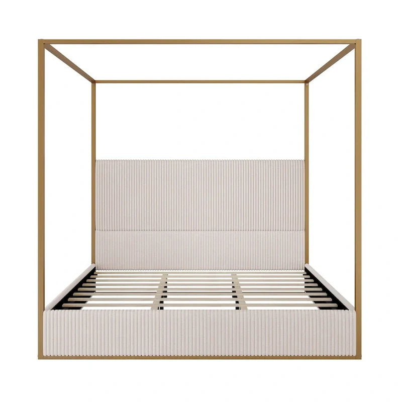 Metal Canopy Platform Bed with Vertical Stripe Upholstered Wingback Headboard - Four Poster, Low Profile Design
