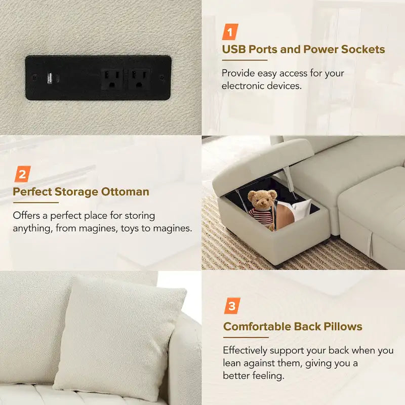 Sectional Sofa Bed with Storage Ottoman USB Ports and Pull Out Design
