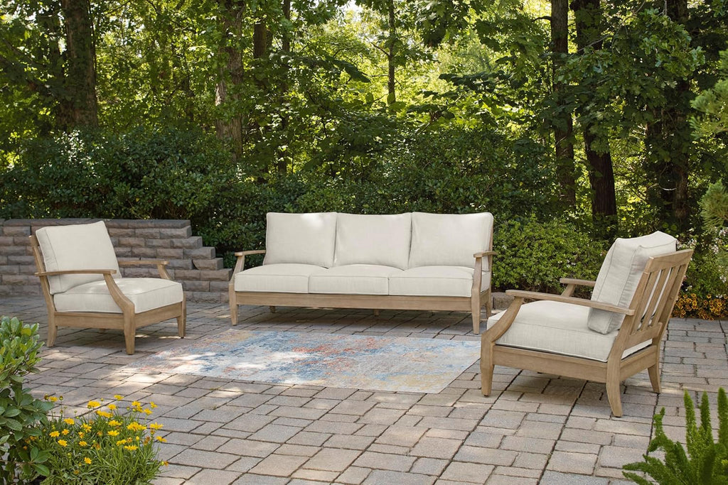 Signature Design by Ashley Clare View Coastal Outdoor Patio Eucalyptus Sofa with Cushions, Beige