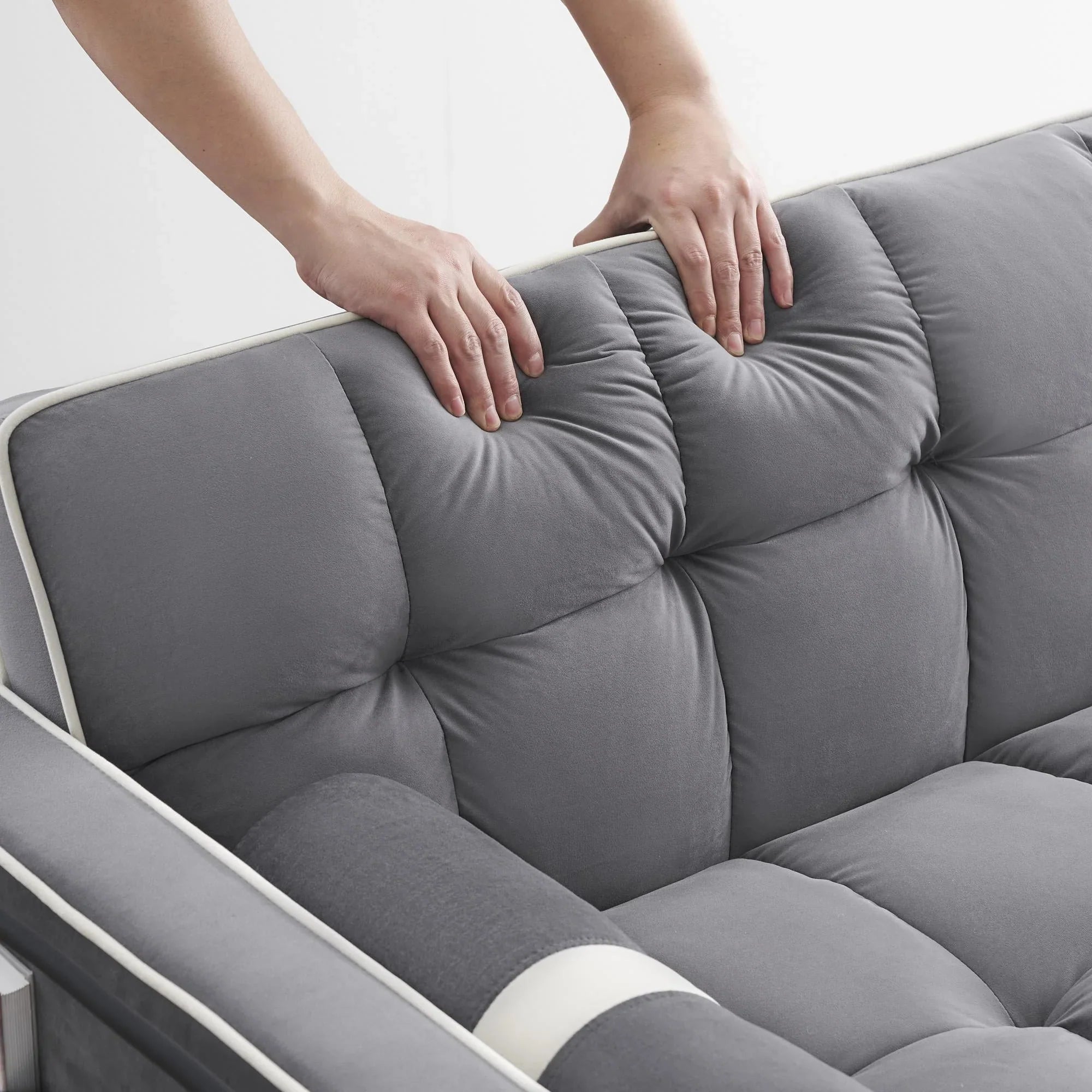 3 in 1 Sleeper Sofa Couch Bed,Small Tufted Velvet Convertible Loveseat Futon Sofa w/Pullout Bed,Adjustable Backrest,Cylinder Pillows,Multi-Pockets,Phone Holder for Living Room Apartment,Grey,55.5"