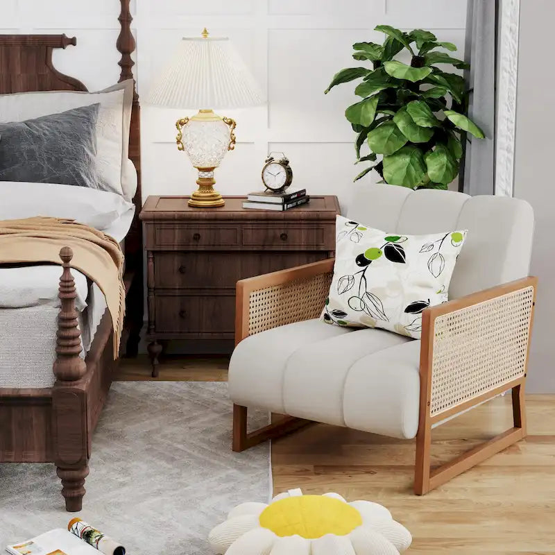 Mid-Century Modern Upholstered Rattan Accent Chairs - Natural Linen Armchairs for Living Room and Bedroom