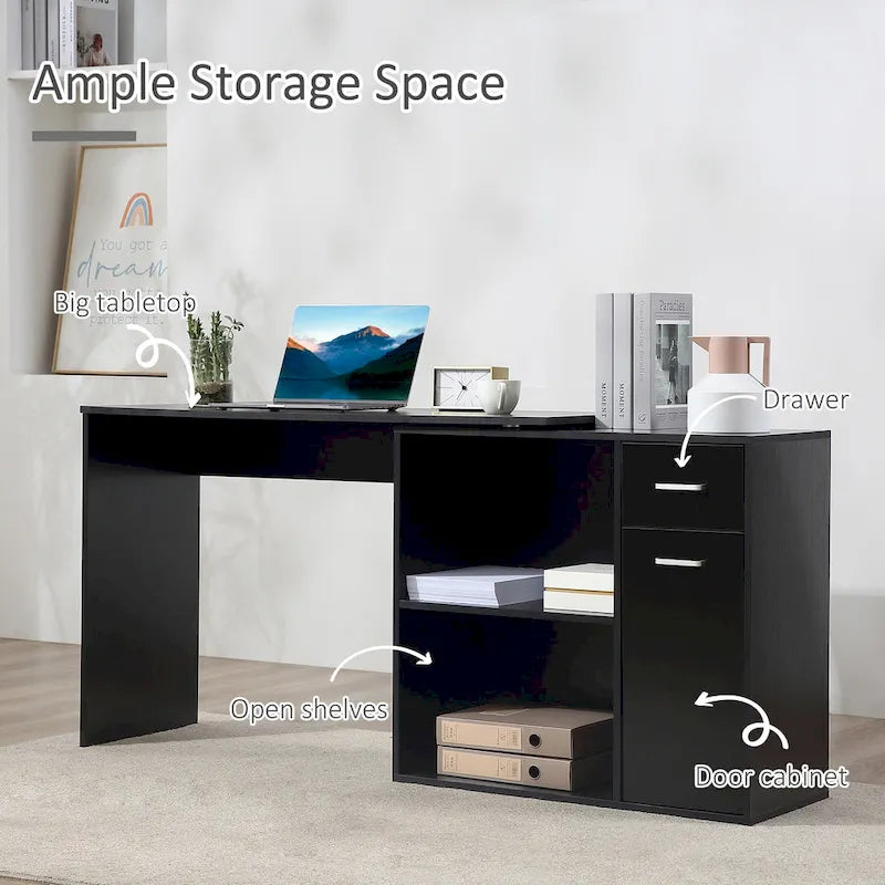 HOMCOM L-Shaped Corner Computer Desk with Rotating Storage Shelves and Drawer for Home and Office Workspaces