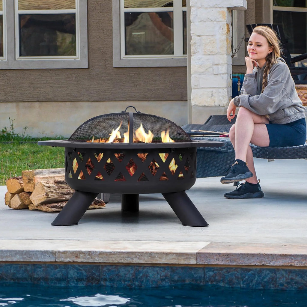 SUNCREAT 42�� Patio Fire Pit Wood Burning with Mesh Spark Screen, Bonfire Outdoor firepit with Fireplace Poker, Black