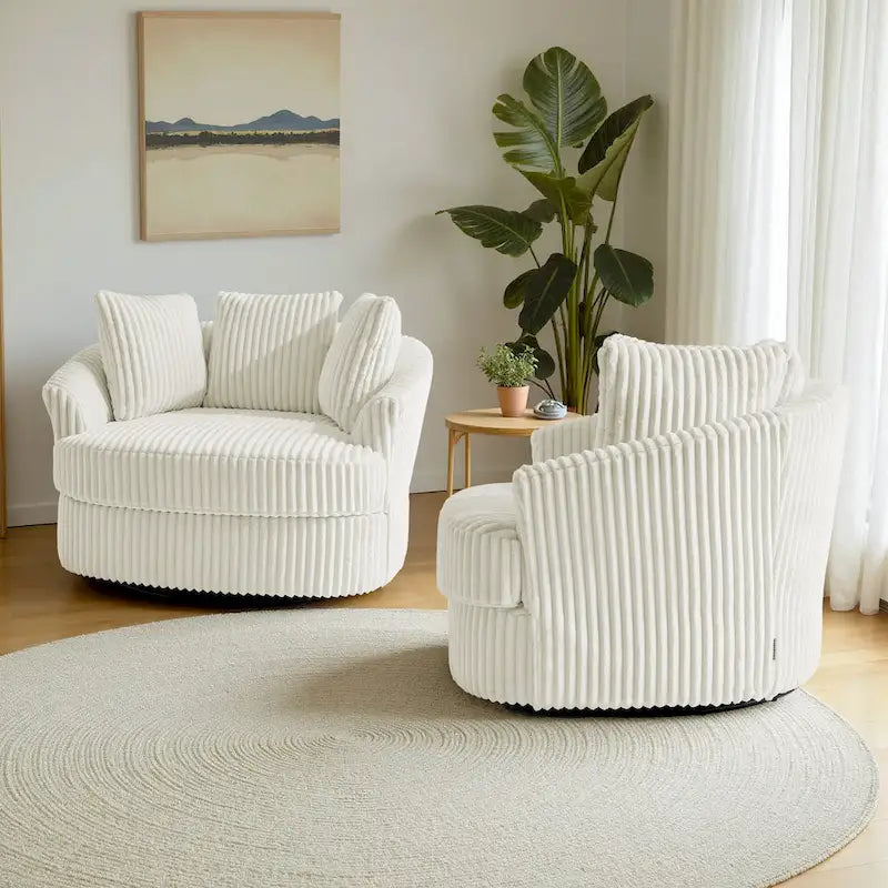 Set of 2 Oversized 43" Plush Corduroy Swivel Barrel Chairs with Cushions