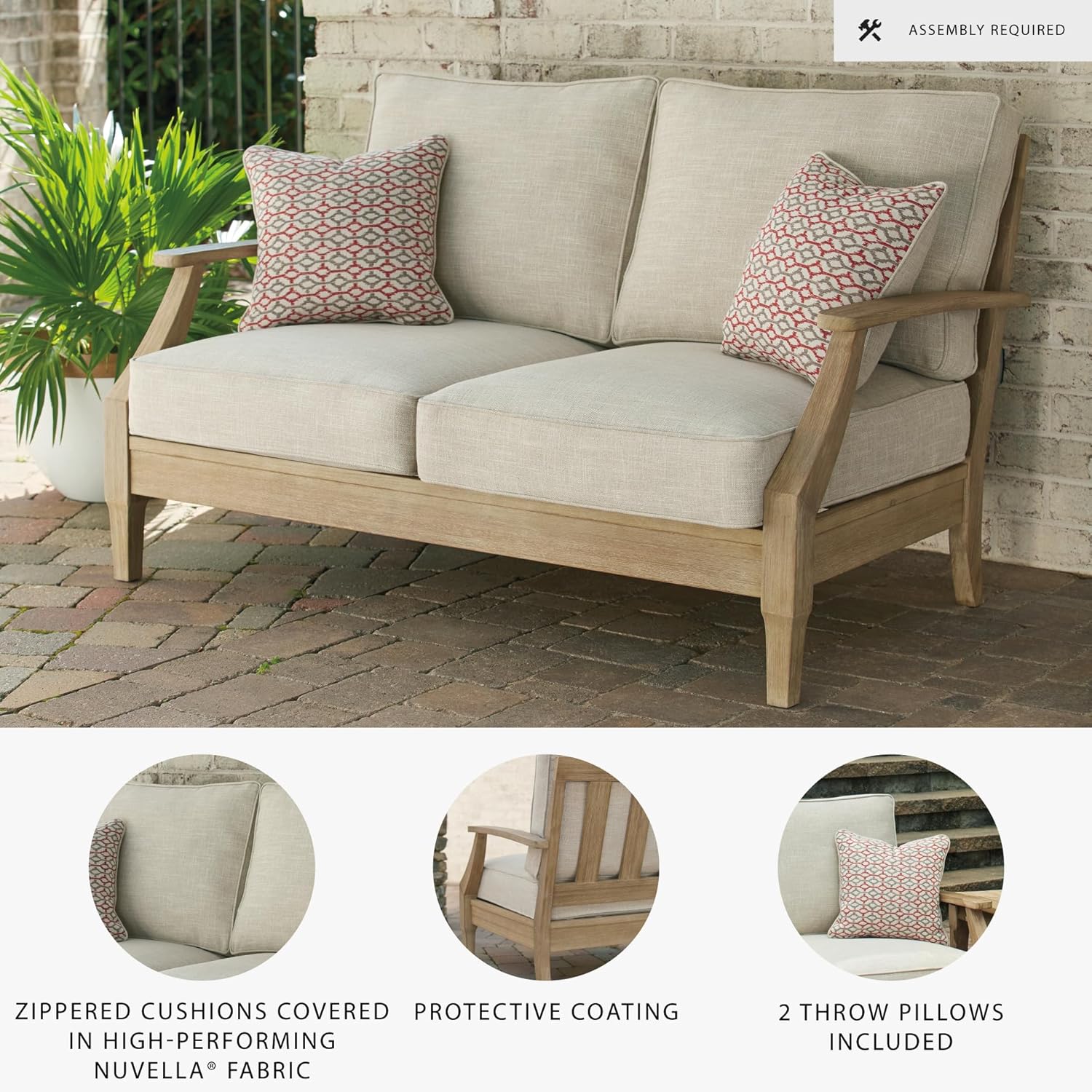 Signature Design by Ashley Clare View Coastal Outdoor Patio Eucalyptus Sofa with Cushions, Beige