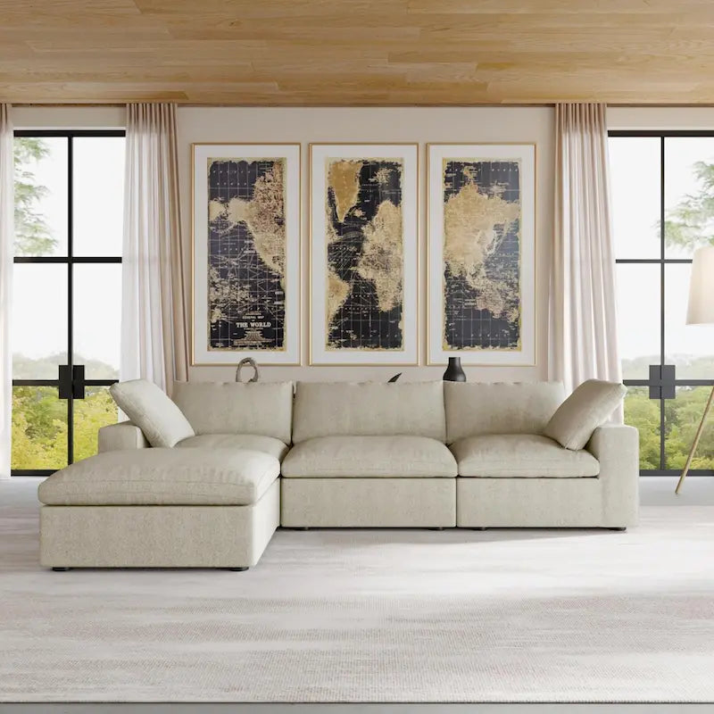 Sectional Couch with L-Shaped Design and Linen Upholstery, Featuring Multiple Cushions