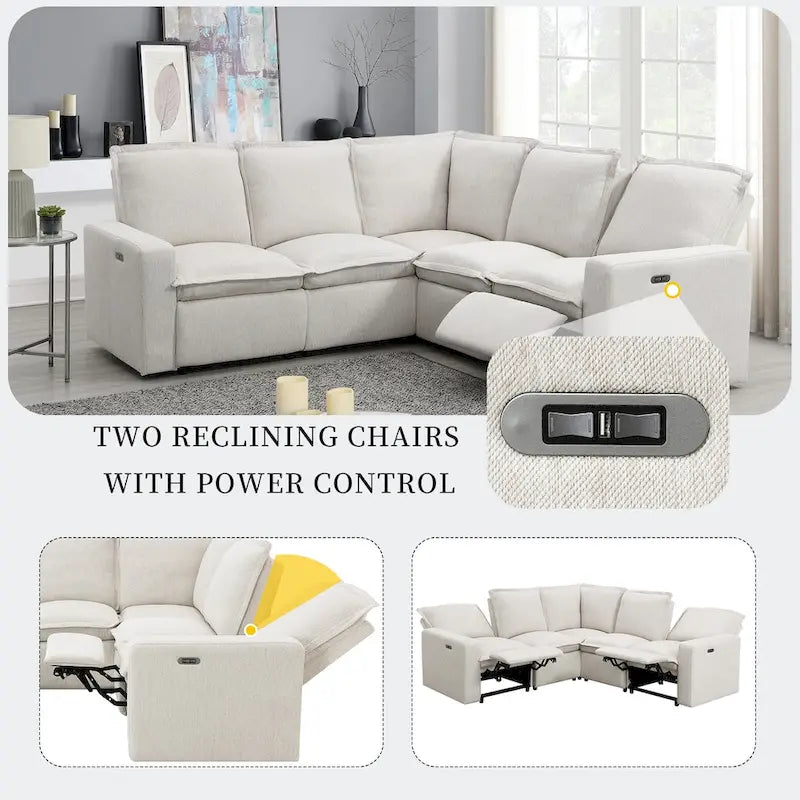 Linen Upholstered Power Recliner L-Shaped Sectional Sofa with USB Port - Soft Home Theater Seating for Living Room