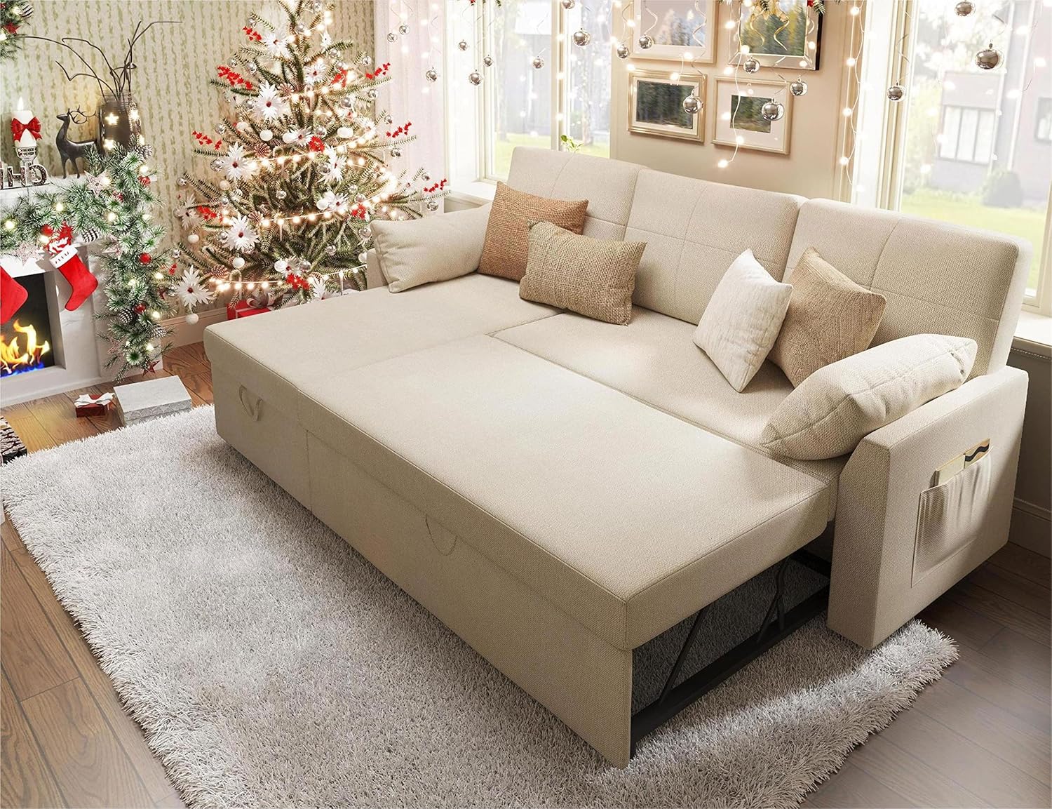 VanAcc Sofa Bed, Sleeper Sofa with Storage Chaise 2 in 1 Pull Out Couch Living Room
