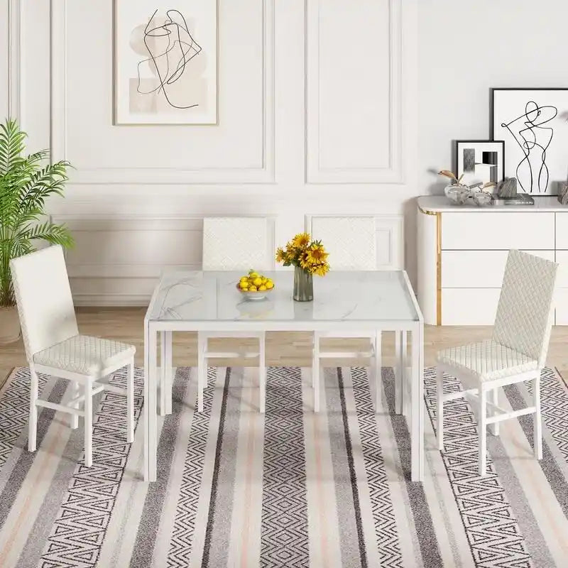 Grondin Contemporary 5-Piece Dining Set with Tempered Glass Table and 4 Diamond-Stitched PU Leather Chairs