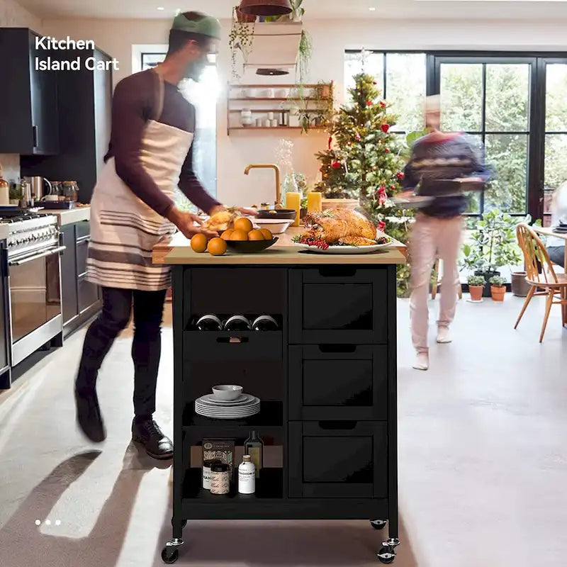 Kleio Solid Wood Kitchen Island Storage Cart with 3 Drawers - Rolling Serving Trolley