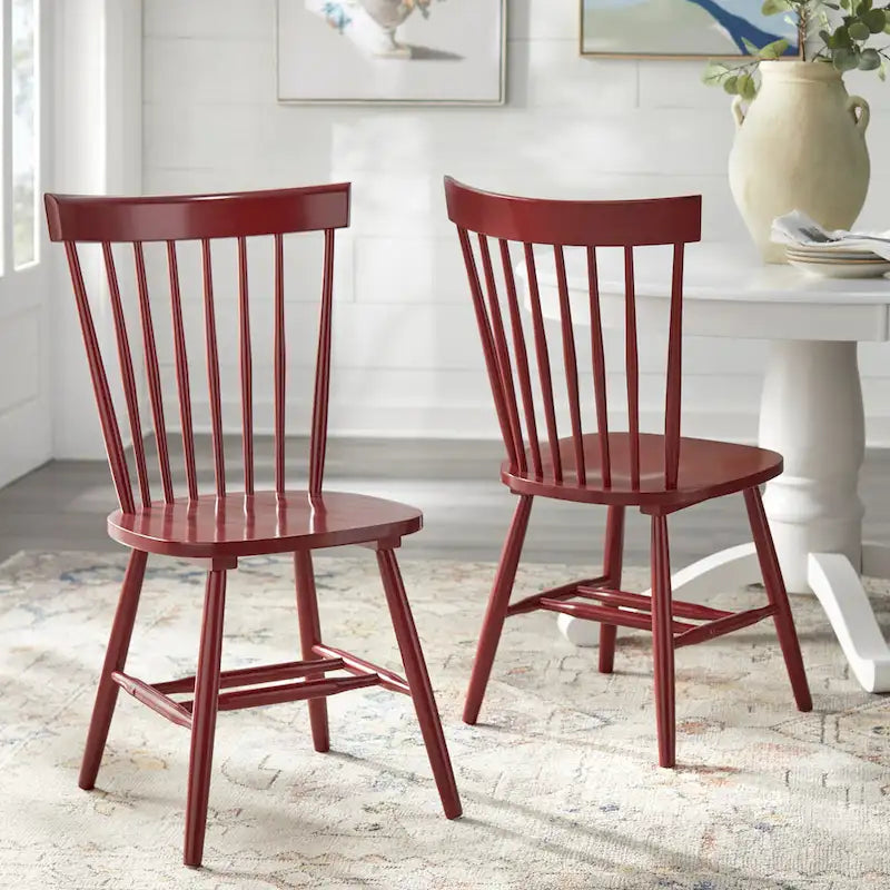 Set of 2 Spindle Back Dining Chairs Solid Rubberwood Farmhouse Style
