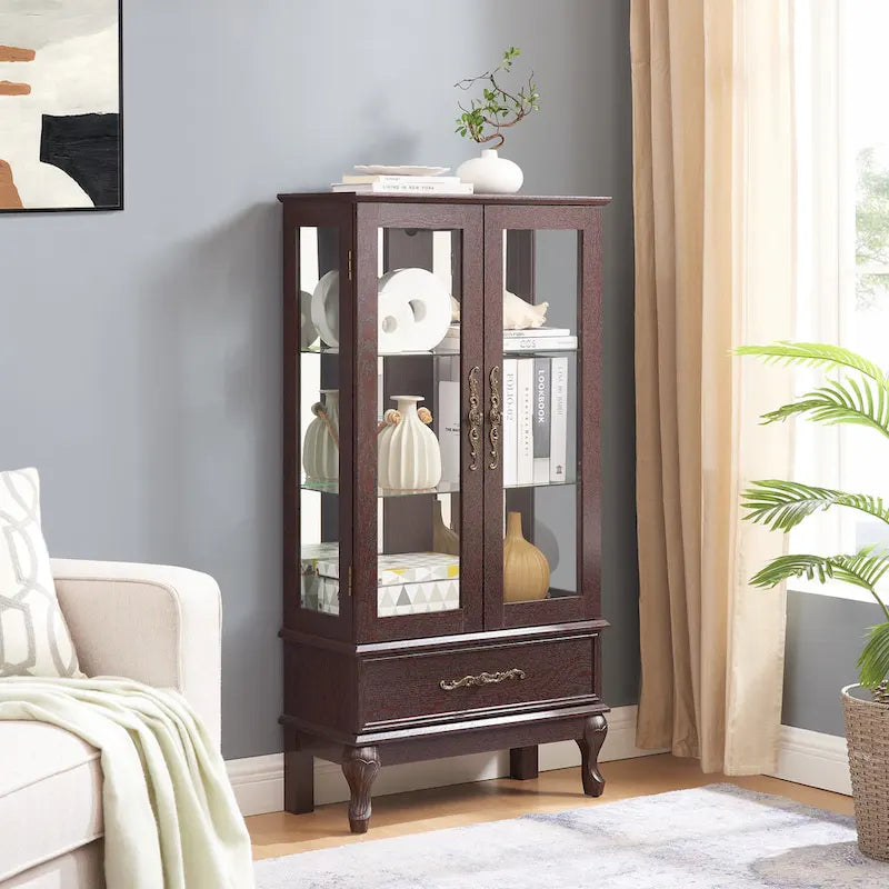 Illuminated Glass Curio Display Cabinet with Adjustable Shelves, Double Doors, and Drawer - Glass Wine Storage Solution