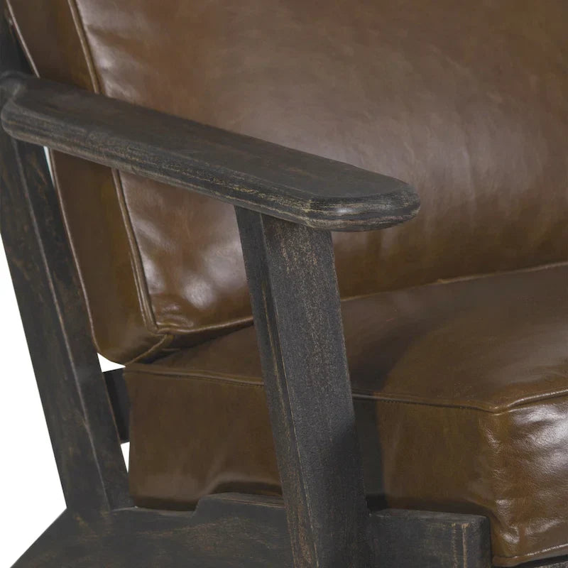 Handcrafted Amber Accent Chair with Slatted Mango Wood, Buffalo Leather Cushions, and Angled Legs