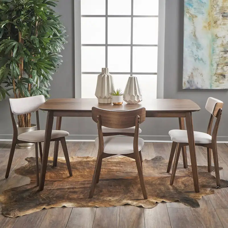 Mid Century Dining Table Set with 4 Upholstered Chairs and Wooden Frame