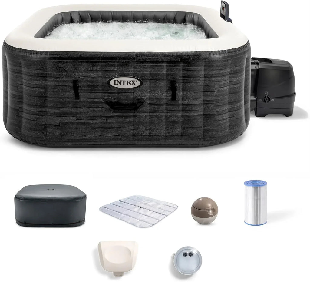 INTEX PureSpa Greystone Deluxe 4 Person Square Inflatable Hot Tub, Bubble Massage Spa