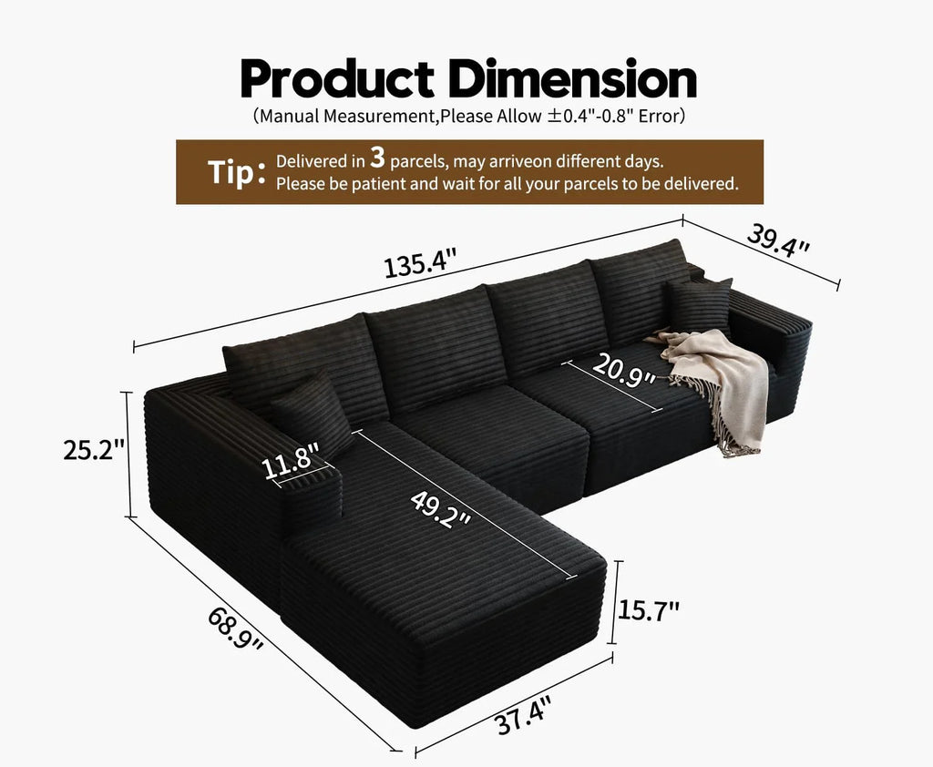 107.5" Cloud Modular Sectional Sofa Couch with L-Shape Chaise,Modern Minimalist Upholstered Couches for Living Room Bedroom,Deep Seat Corner Couch .No Assembly Required (Black,Left Facing Chaise)