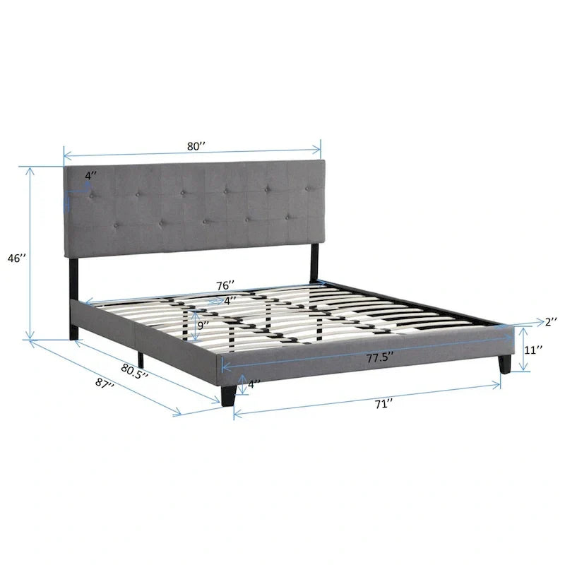 King Size Upholstered Platform Bed with Button-Tufted Linen Headboard