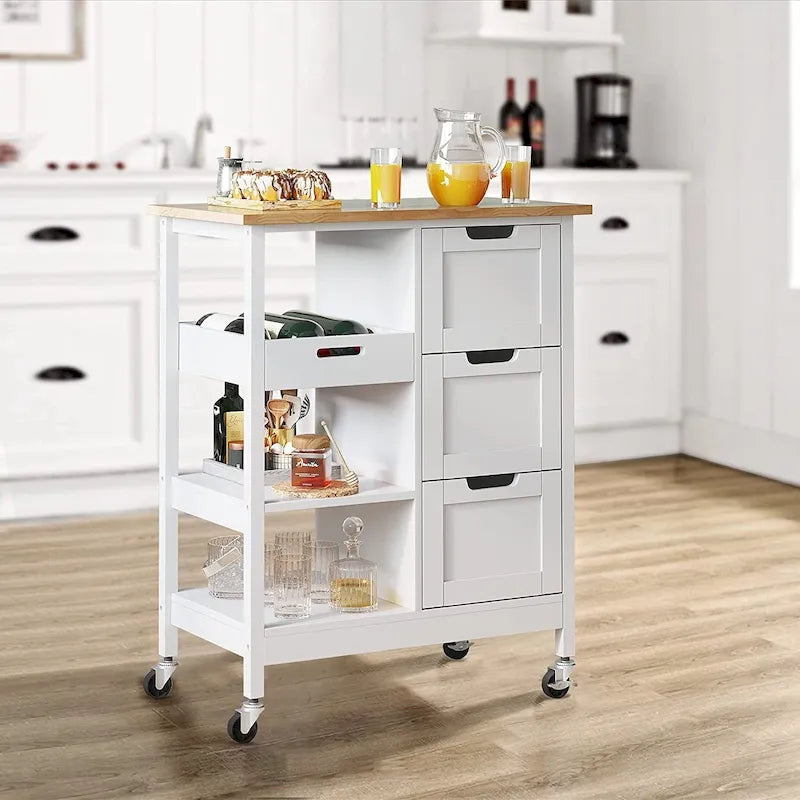 Kitchen Cart with Drawers Open Shelves and Wooden Top on Wheels