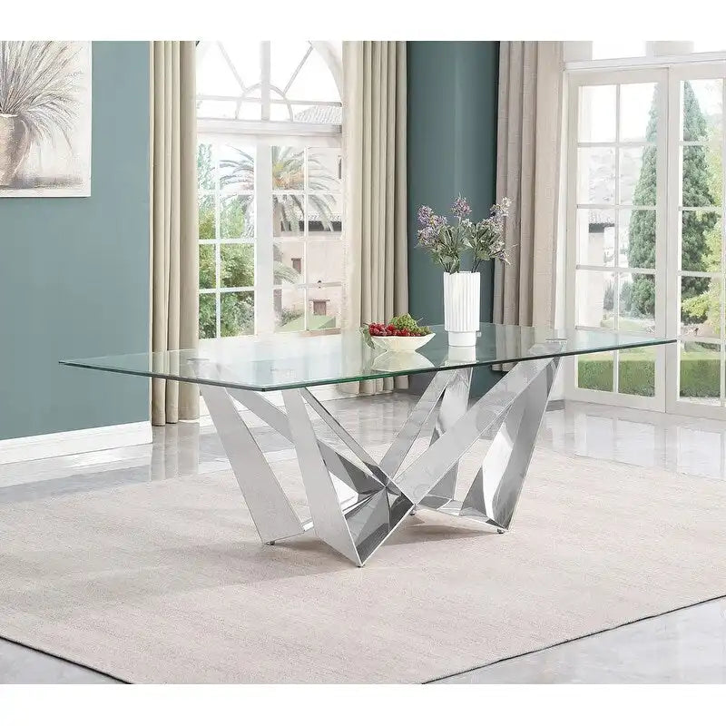 Glass Dining Table with Tempered Top and Stainless Steel Base