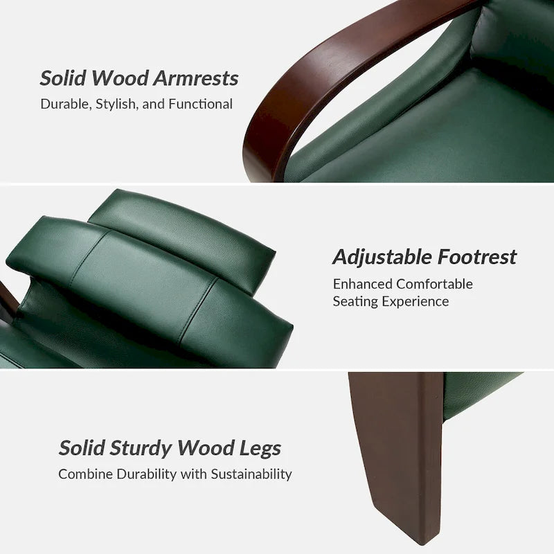 Set of 2 Alex Mid-Century Modern Genuine Leather Manual Recliners with Curved Wooden Arms