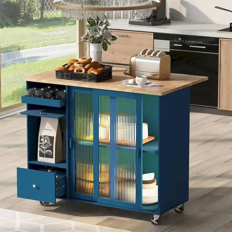 Kitchen Island with Drop Leaf Sliding Glass Doors and Storage on Wheels